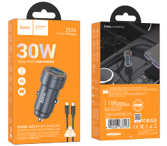 Автомобильная Зарядка HOCO Z57A Glorious PD30W+QC3.0 car charger set(Type-c to IP) Metal Gray