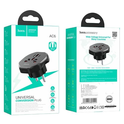 Сетевой адаптер Hoco AC6 Unimpeded universal conversion plug (EU) - Черный