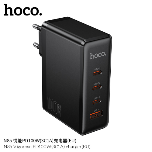 Сетевое зарядное устройство HOCO N85 Vigoroso PD100W(3C1A) charger set(Type-c to Type-c)(EU) - Black