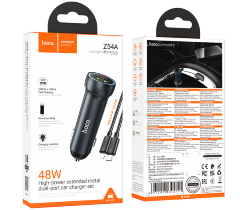 Автомобильная Зарядка HOCO Z54A Prosperous 48W dual-port PD30W+QC3.0 car charger set(type-c to ip) Metal grey