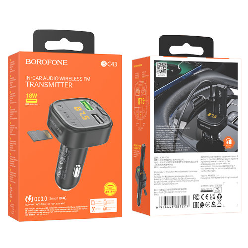 Автомобильное ЗУ/FM-трансмиттер Borofone BC43 Flash, 2*USB - Черный