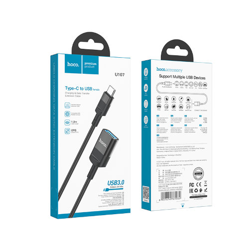 Кабель Hoco U107 Type-C male to USB female USB3.0 charging data sync extension cable - Black