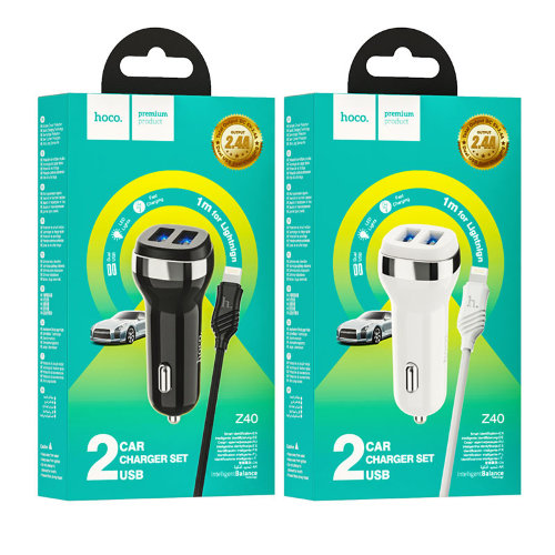 Автомобильное зарядное устройство hoco Z40 Superior с кабелем Lightning - White