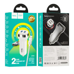 Автомобильное зарядное устройство hoco Z40 Superior с кабелем Lightning - White