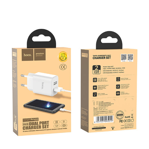 Сетевой адаптер hoco C62A Victoria dual port charger set(Micro)(EU) - Белый