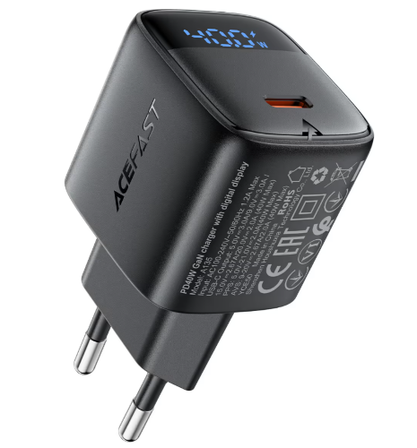 Сетевое зарядное устройство ACEFAST A135 PD40W GaN charger USB-C with digital display, Black