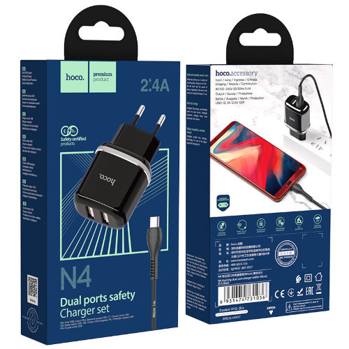 Сетевой адаптер hoco N4 Aspiring dual port charger set (for Micro) (EU) - Черный