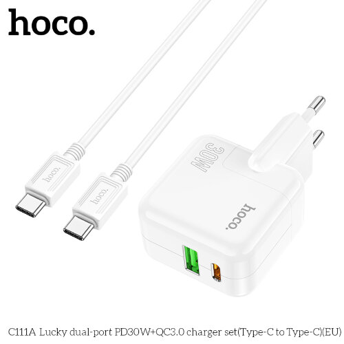Зарядное устройство Hoco C111A Lucky dual-port PD30W+QC3.0 Charger set (type-c to type-c)(EU) - Белый
