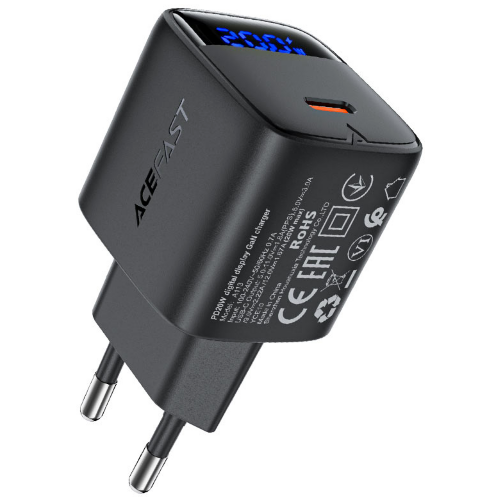 Сетевой Адаптер ACEFAST A113 PD20W GaN charger USB-C with digital display (EU) Black