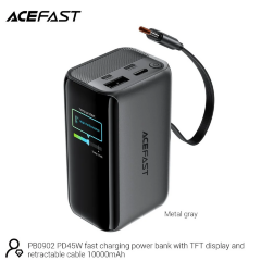 Внешний аккумулятор ACEFAST PB0902 PD45W fast charging power bank with TFT display and retractable cable 10000mAh - Metal gray