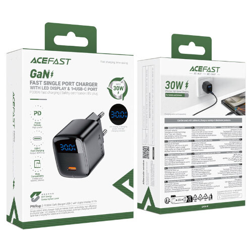 Зарядка ACEFAST A113 PD20W GaN charger USB-C with digital display set (P5)(EU) Black