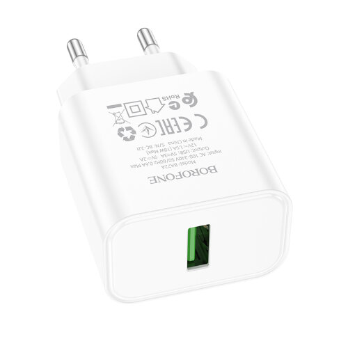 Сетевой адаптер BOROFONE BA72A Spring single port QC3. charger (EU) White