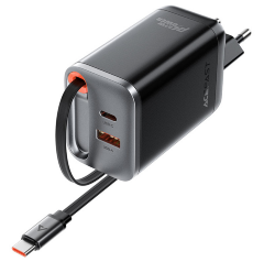 Зарядка ACEFAST A111 PD67W GaN charger(2*USB-C+USB-A) whith retractable cable, Black
