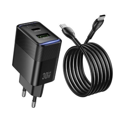 Сетевое зарядное устройство HOCO CS112A Lounge PD30W+QC3.0 charger set(Type-C to Type-C)(EU) - Black