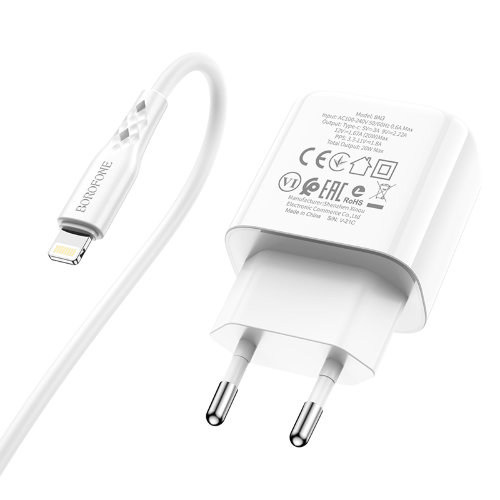 Зарядка Borofone BN3 Premium PD20W single port charger set (Type-C to iP) (EU) - White