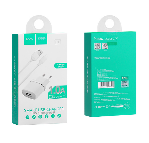 Сетевое зарядное устройство HOCO C11 Smart single USB (Micro cable)charger set(EU) white