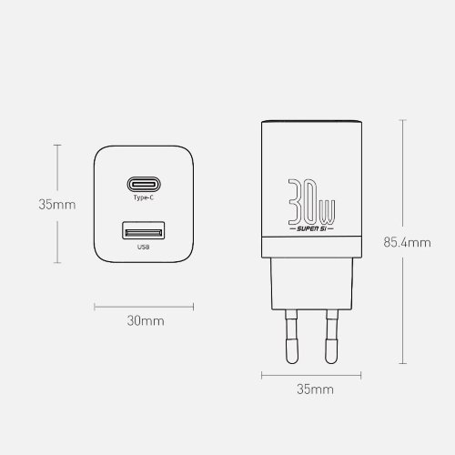 Сетевой адаптер Baseus Super Si Pro Quick Charger C+U 30W EU (CCSUPP-E02) - White