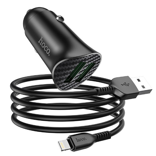 Автомобильное зарядное устройство hoco Z39 Farsighted dual port QC3.0 Car charger set (Lightning) - Black