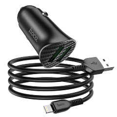 Автомобильное зарядное устройство hoco Z39 Farsighted dual port QC3.0 Car charger set (Lightning) - Black