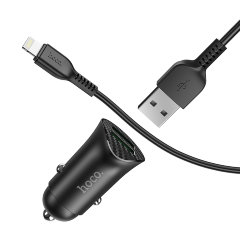 Автомобильное зарядное устройство hoco Z39 Farsighted dual port QC3.0 Car charger set (Lightning) - Black