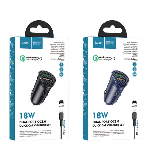 Автомобильное зарядное устройство hoco Z39 Farsighted dual port QC3.0 Car charger set (Lightning) - Black