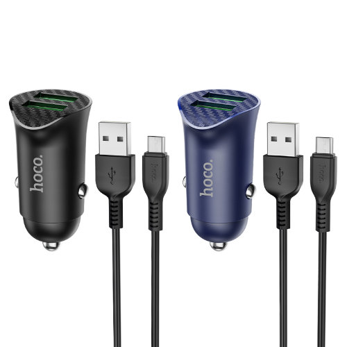 Автомобильное зарядное устройство hoco Z39 Farsighted dual port QC3.0 Car charger set (Micro) - Black