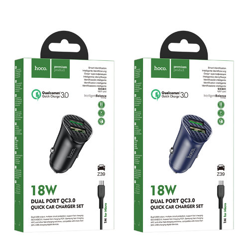 Автомобильное зарядное устройство hoco Z39 Farsighted dual port QC3.0 Car charger set (Micro) - Black