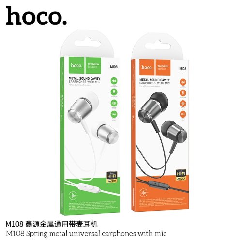 Наушники HOCO M108 spring metal universal earphones  with mic - Metal Gray